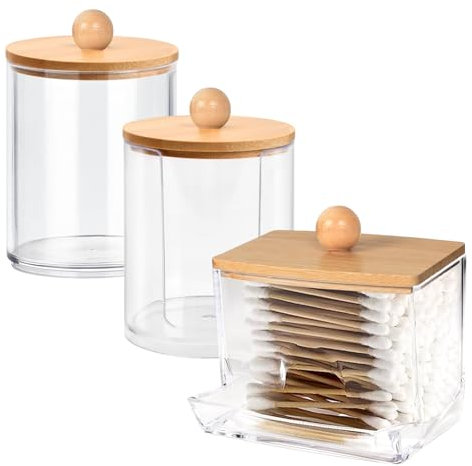 Zimoer 3 Pezzi Organizzatore di Cotone con Coperchio in Bambù, Dispenser per Dischetti Struccanti Acrylic, Porta Cotton Fioc e Dischetti, per Cotone, Batuffoli, Dischetti Struccanti,Contenitori Bagno