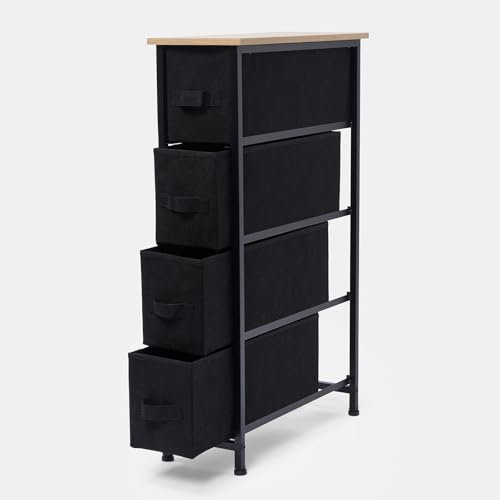 OHS Brooklyn 4 Chest of Drawers Narrow Fabric Cabinet, Space-Saving For Clothes Books & Accessories Sturdy Frame 4 Canvas Drawers For Any room or office, Black