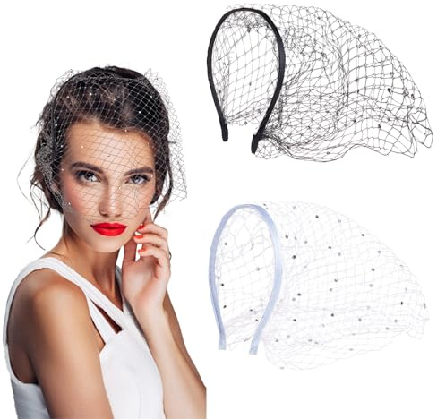 NICENEEDED 2 Pieza de Diadema de Velo de Malla, 1920s Tocado Tocado de Encaje con Velo de Rejilla Y Diamantes, Tocado de Novia para Fiesta de Té Y Boda para Mujer