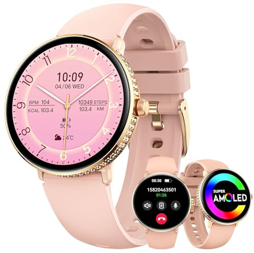 PAKRYS Montre connectée pour Femme avec Diamants 1,2 AMOLED Fitness Tracker avec appels, Montre numérique avec 100 Sports, SpO2 / Cardiofréquencemètre étanche Smart Watch pour iOS Android