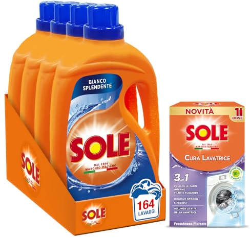 Kit Sole, Detersivo Lavatrice Liquido Bianco Splendente 164 lavaggi (4x41) + 1 confezione di Cura Lavatrice Freschezza Floreale, contro sporco e cattivi odori (250ml)