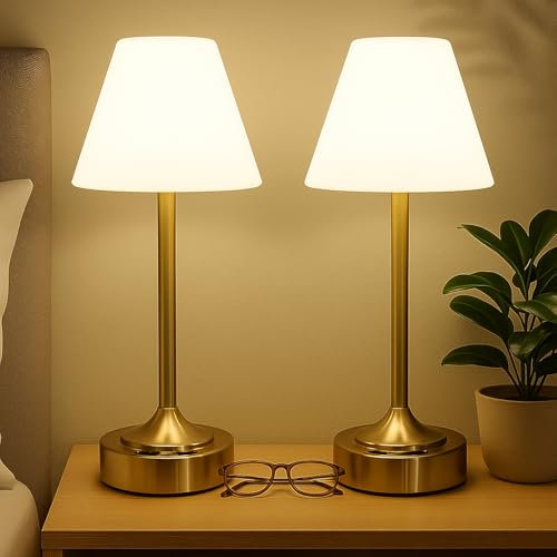 ZEONX Rechargeable Cordless Table Lamp, Battery Indicator & USB-C, Stepless Touch Dimming & 3 Color Temperatures, Waterproof Wireless Night Light for Bedroom, Bathroom, Dining, Patio – 2 Pack (Gold)