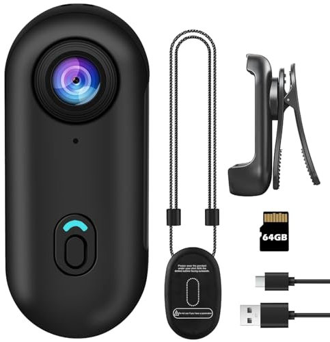 bayehngs Mini Thumb Action Camera, Wearable Small Body Camera, Portable Vlogging Camera, Hands-Free POV Camcorder Helmet Camera for Cycling, Motorcycle (Simple Bundle with 64G Card)