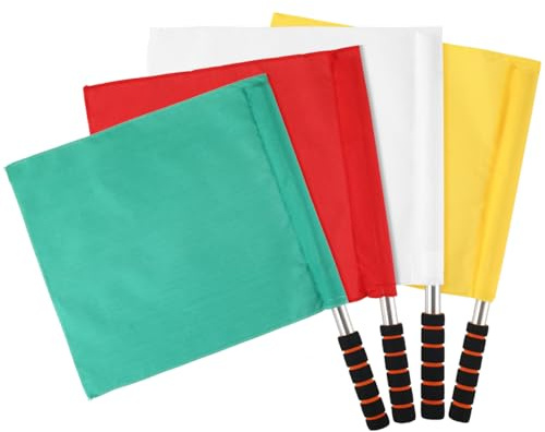 ibasenice 4-Pack Referee Flags with Stainless Steel Poles - 17.7x14.2 Inch High-Visibility Linesman Flags for Soccer, Rugby, Football & Field Sports - Comfortable Foam Handle Hand Signal Banners