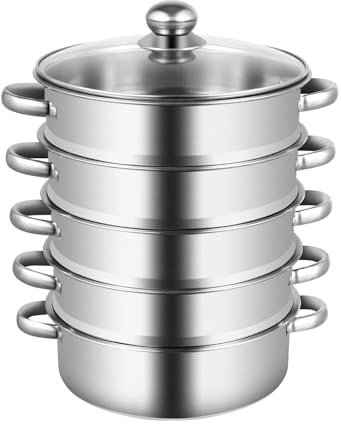 5-Tier Dampfgarer 26cm aus 304 Edelstahl mit Glasdeckel – induktionsgeeigneter Dampftopf für Gemüse, Beilagen & Fisch