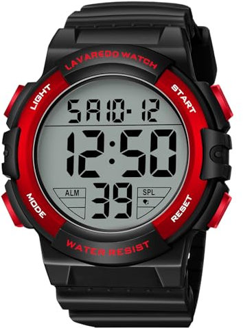 caprock Digitaluhren für Herren mit Leuchtfunktion, 5 ATM wasserdicht, Herren-Digitaluhr, Sportuhr mit Gummiarmband, Armbanduhr mit LED-Anzeige/Alarm/Stoppuhr,Negro-Rojo