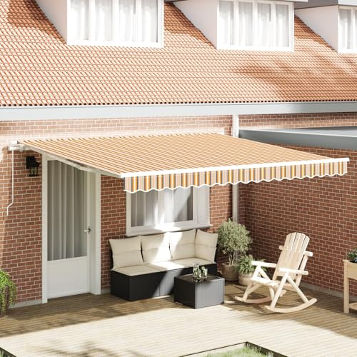 Qnhdfrt Tenda da sole retrattile manuale giallo verde bianco a righe 400x300 cm telaio in alluminio tessuto poliestere protezione solare per balcone terrazza giardino esterno