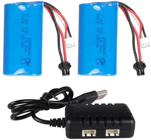 2Stück 7,4V 2000mAh 15C 2S Li-Ionen-Akku mit SM-2P-Stecker und USB-Ladekabel, Hochleistungsakkus für RC-Autos und RC-Autos