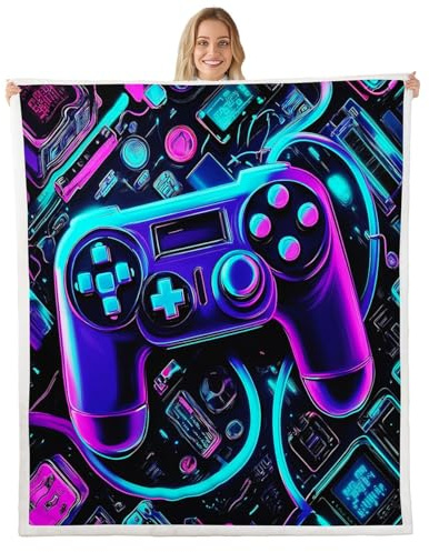Homemissing Gamer Decke 150x200cm Neon Gamer Wohndecke für Kinder Jungen Mädchen Gaming Kuscheldecke Game Controller Flanell Fleecedecke Schlafzimmer Collection