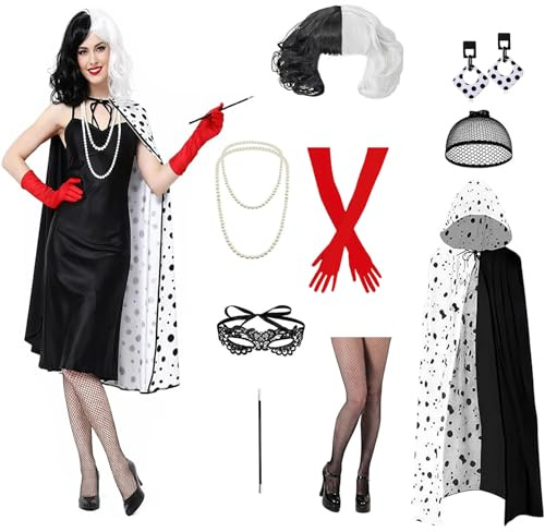 9 Stück Cruella Kostüm Damen, Cruella Devil Kostüm Damen, Schwarzer und Weißer Dalmatiner Fleck Umhang, Karneval Kostüm Damen für Karneval Fasching Cosplay Maskerade