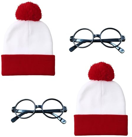 GYIOFAI 4 Stück Rot Weiß Strickmütze mit schwarzer Nerdbrille Erwachsene Gestreifte Bommel Beanie Mütze Lustige Charakter Cosplay Kostüm Zubehör für Welttag Motto-Partys Halloween