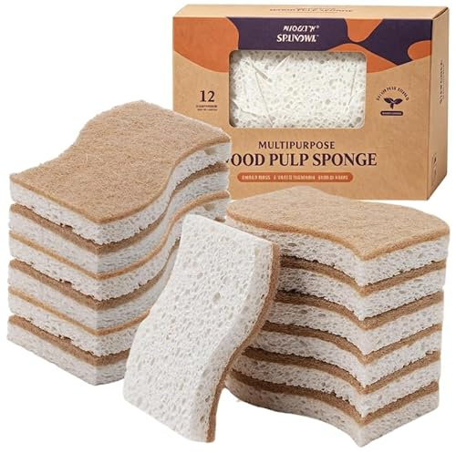 Vibrivio Pack 12 esponja de cocina natural, esponja de cocina biodegradable,Esponjas Naturales de Celulosa, Fibra de Coco y Fibras Recicladas - Antiarañazos, Inodoras y Compostables para Cocina y Baño