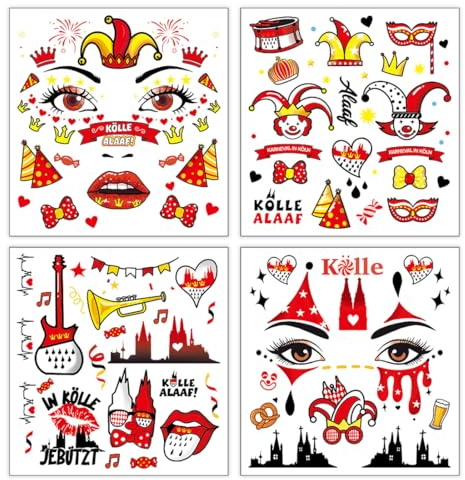 4 Pcs Bogen Gesichtstattoo Karneval Köln Accessoires Face Tattoo Kölle Alaaf Köln Tattoos Karneval Aufkleber Gesicht Karneval für Karneval Kostüm Köln Fasching Kostüm Rot Weiss