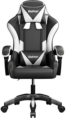 VitaForge Sedia da Gaming, Sedia per Computer Ergonomica a Schienale Alto Stile Racing con Poggiatesta e Supporto Lombare Regolabili, Girevole in Pelle PU per Adulti, Nero/Bianco