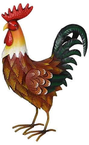 Metall Hahn Gartenfigur Bunt Handbemalt - Wetterfeste Gartenstatue Gross 39cm - Rustikale Bauernhof Deko für Draussen / Innen - Farbenfrohe Metallfigur Huhn - Frühling / Osterdeko