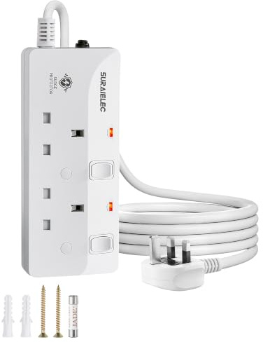 SURAIELEC 2 Gang Extension Lead 3M, Individual Switches, Surge Protected | White 3M extension cord, 13A 3250W, compact 2 socket extension lead with indicator lights, ideal for desk, bedroom and office