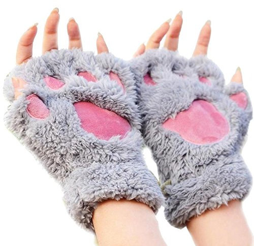MAKFORT Fingerlose Handschuhe Winter Katze Plüsch Handschuh Grau