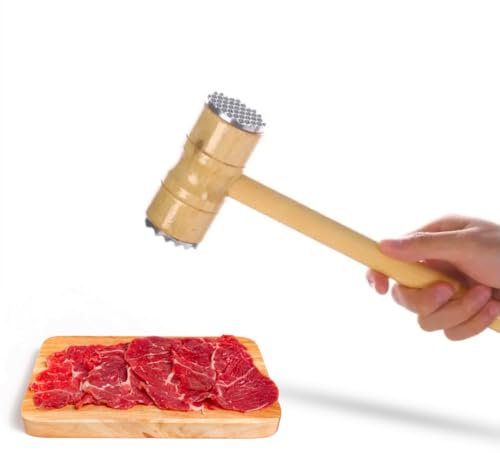 Rohi Wooden Meat Tenderizer Hammer – Heavy-Duty Meat Hammer with Stainless Steel Heads – Eco-Friendly & Durable Wooden Meat Mallet Tool – Meat Beater with Metal Spikes Perfect for Tenderizing or More