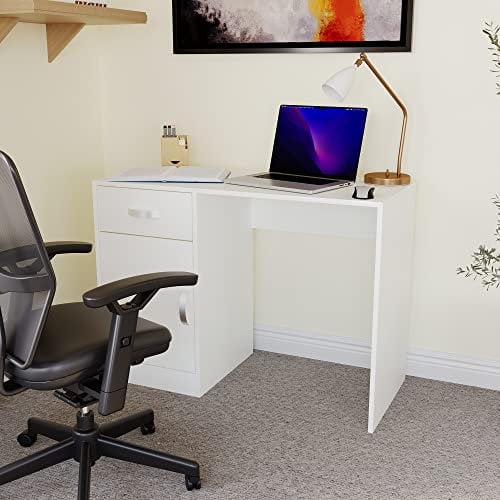 Vida Designs Hudson Computer Desk with Drawer and Door, Home Office PC/Laptop Table, Gaming Study Workstation Storage Cupboard Furniture, White