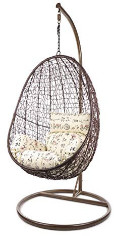 Kideo Komplettset: Hängesessel mit Gestell & Kissen, Korbsessel, Poly-Rattan (Gestell- und Korbfarbe: braun, Kissen: beige/Gemustert Nest (7050_travel))