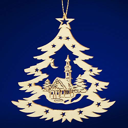 SIKORA BS-LS Traditionelle Filigrane Christbaumschmuck Holzanhänger aus nachhaltiger Herstellung - 28 Modelle wählbar, Modell:B4 Baum Dorfkirche H 8.8cm