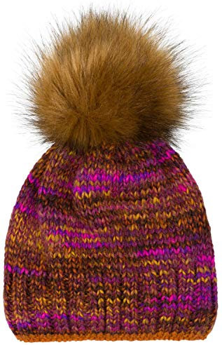 styleBREAKER Unisex Strick Bommelmütze bunt Gemustert mit Alpaka Anteil und Fleece Futter, Winter Fellbommel Mütze 04024179, Farbe:Pink-Violett-Rost