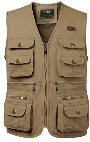 KTWOLEN Gilets de Pêche pour Hommes Gilet de Travail Safari Gilet Photographie de Sport Multi-poches Gilet Veste Sans Manches de Voyage, Kaki, XXL