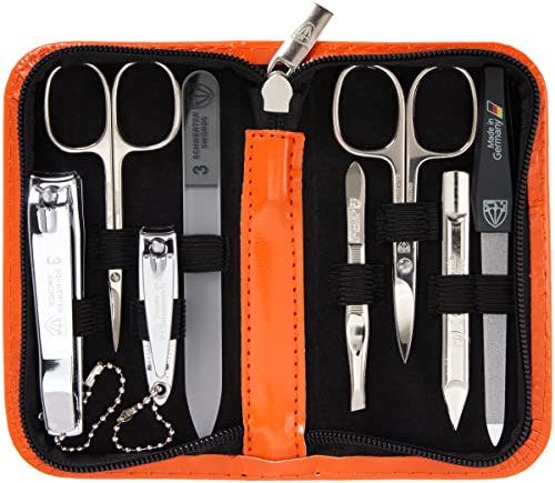 DREI SCHWERTER - Maniküreset 'Roma' - Nageletui mit 8 Instrumenten: Nagelschere, Hautschere, Fuß/Finger-Nagelknipser, Nagelreiniger, Pinzette, Glasnagelfeile, Saphirnagelfeile - orange