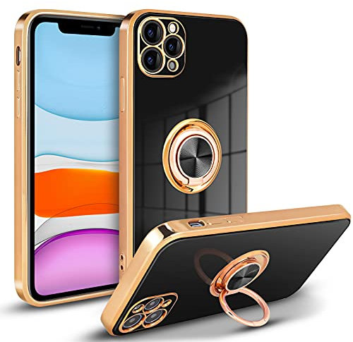 Newseego Case Compatible with iPhone 11 Pro Max Electroplated Soft TPU Protective Cover for Girls and Women 360 Degree Rotation Magnetic Car Finger Ring Holder Case for iPhone 11 Pro Max-Black