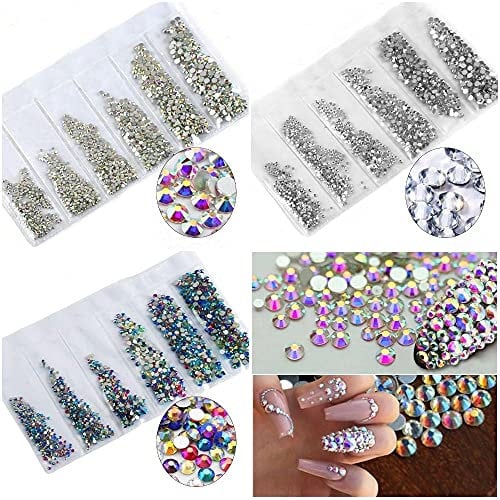 3 Pack 6 Size Nail Art Decoration Rhinestones Diamante Flat Back Glass Not Plastic Crystal AB Mixed Colour Gems