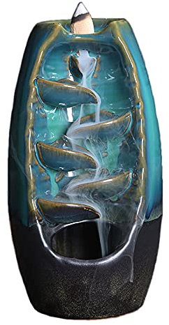 xunfu Rückfluss Räuchergefäß, Räucherwasserfall Keramik Räuchergefäss mit 60 Räucherkegel Rückfluss und 1 Matte, füR Aromatherapie Ornament Wohnkultur, Blau Groß