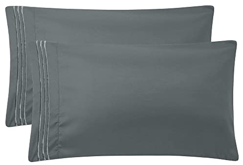PiccoCasa Lot de 2 taies d'oreiller brodées Gris foncé 35 x 50 cm | Taies d'oreiller brodées en microfibre avec fermeture éclair pour chambre à coucher