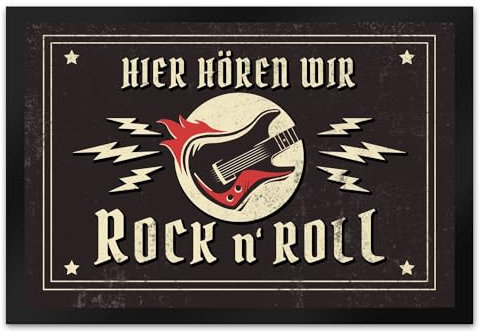 Hier hören wir Rock n' Roll Fußmatte XL in 40x60 cm mit Gitarren Motiv für echte Rock und Rockabilly Fans im Vintage Look als Geschenkidee zur Einweihung Musik Album Alternative