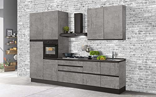 Dafne Italian Design Cucina completa di elettrodomestici (forno, lavandino, cappa cottura) stile Industrial - koncret grigio, frigo a sinistra - cm. 330 x 60 x 243