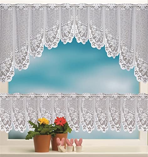 SWECOMZE Gardine Vorhang Scheibengardine 2-teiliges, weiß Blumenmuster Gardinen, Bistrogardine Transparent Vorhänge, Kurzgardinen für Cafe Fensterdeko (#05)