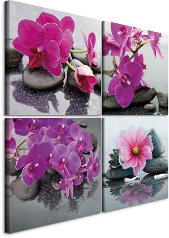 B&D XXL - Wandbilder Blumen Orchidee 80x80 cm 4 Teilig je 40x40 Vlies Leinwandbild Kunstdruck modern Wanbilder XXL Wanddekoration Design Wand Bild - Natur Feng Shui Zen p-B-10002-b-a