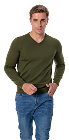 WOSICA Pullover da Uomo a Maniche Lunghe in Lana Merino 100% Extrafine con Scollo a V, Oliva, XL