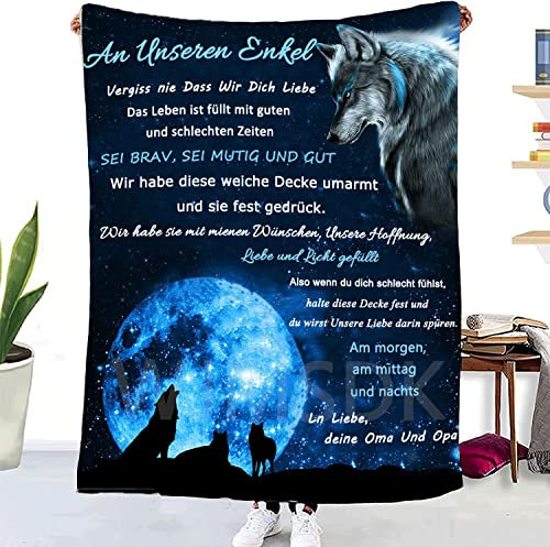 WJMSDK Personalisierte Decke Geschenke Für Enkel Von Oma und Opa, Kuscheldecke Flanell Flauschig An unseren Enkel, Positiv Ermutigen Wohndecke Für Sofa, Geburtstag, Weihnachten
