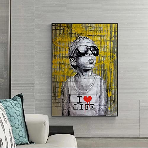 XIANGPEIFBH Graffiti Street Art I Love Life Leinwand Gemälde Funny Boy Poster Drucken Banksy Wandkunst Bilder Für Wohnzimmer Dekor 30x40cm (12x16inch) Holz Farbrahmen