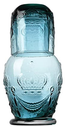 Jarra de noche de noche, jarra de agua de cristal retro con vaso de cristal, 750 ml, taza y botella para mantener junto a tu cama, azul