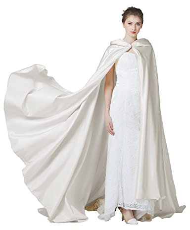 BEAUTELICATE Umhang Damen mit Kapuze Satin Cape Mantel Lang Umhang für Hochzeit Brautkleid Fasching Halloween Kostüm Mittelalter Robe Vampir Hexen (Elfenbein - Lang Schwanz)