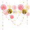 AOBKIAT Wedding Baby Shower Decorations Set,15PCS Pink Gold Tissue Paper Pom Poms,Circle Dots Colorful Paper Garland String Hanging Backdrop for Birthday Party,Gender Reveal Celebration Decor