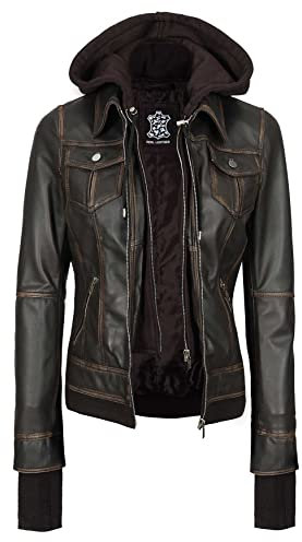 fjackets Lederjacken für Damen – abnehmbare Kapuze und Bomberjacke aus echtem Lammfell für Damen, Tralee Ruboff Lederjacke mit Kapuze, L