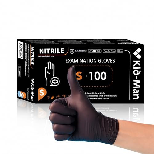 Kid-Man Nitrilhandschuhe S - Schwarz, 100 Stück Einweghandschuhe, Puderfrei & Latexfrei, Hautfreundliche Einmalhandschuhe für Werkstatt, Küche, Tattoo, Medizin & Reinigung