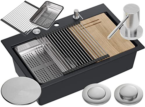 QUADRON Fregadero granito | tamaño 76 x 50 cm, color: acero cepillado | MARC Set Incluye: tapa de acero, dosificador de jabón, tabla de cortar de madera, bandeja recogegotas de acero