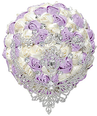 Qike Handgefertigter Luxus-Hochzeits-Brautstrauß, große Seidenrose, hält Wurf, künstliche Blumensträuße mit Satinband, Perlen, Strass, Vintage, königlicher Hochzeitsstrauß (Hellviolett + Elfenbein)
