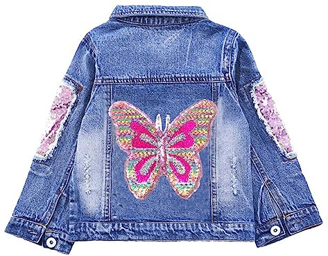 Peacolate 3-10Jahre Kleine Große Mädchen Jeansjacke Stickerei Pailletten Schmetterling Frühling Herbst Denim Mäntel(Rosa Schmetterling,5-6Jahre)