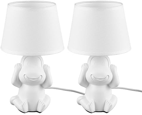 Tischlampe Nachttischleuchte Affe Keramik weiß Beistellleuchte Affe Stoffschirm, Schnurschalter, 1x E14 Fassung, DxH 17x27 cm, 2er Set