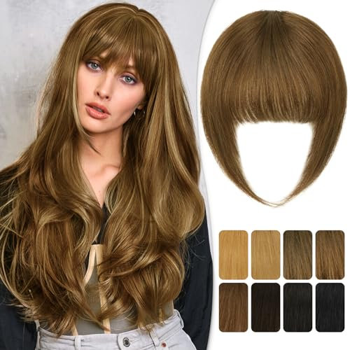 RUWISS Clip in Pony 100% Haarteil Echthaar Clip in Bangs mit Schläfen Remy Echthaar Fringe Dickes Bangs für Frauen Pony Extension Echthaar für Damen(Helles Braun)