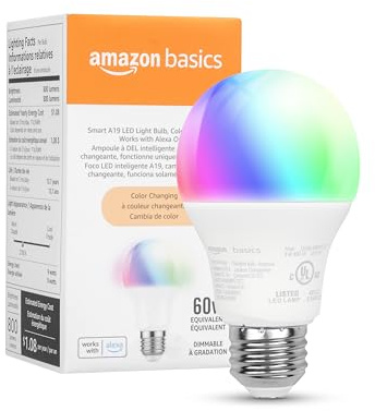 Amazon Basics Smart A19 LED Light Bulb, Color Changing, 9W (60W Equivalent), 800LM, Works with Alexa Only, WiFi 2.4 GHz, No Hub Required, Mood Lighting, Energy Efficient, 1-Pack